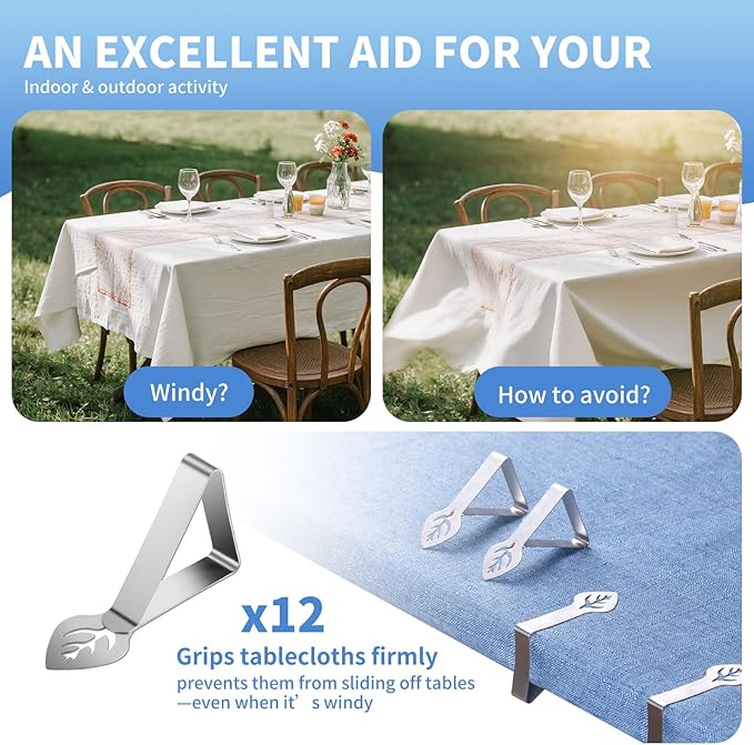 Tablecloth Clips 12 Pack, Heavy Duty Stainless Steel Picnic Table Cloth Holder Clips, Windproof Tablecloth Clips for Outdoor Tables, Perfect for Restaurant Parties, Weddings, Camping