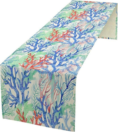 Summer Shell Starfish Table Runner, Seasonal Spring Summer Tropical Ocean Beach Indoor Party Kitchen Outdoor Table Decor 13x120 Inch