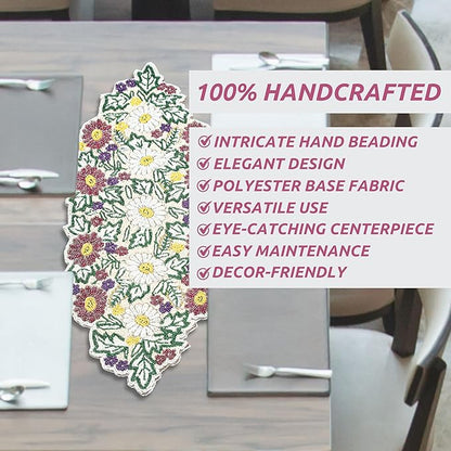 Luxury Beaded Table Runner - 13x36 Inches Handcrafted Spring Floral Design with Glass Beads & Polyester Back - Elegant Table Decor for Dining, Coffee Table & Events (Multi) - CLEENTABLE