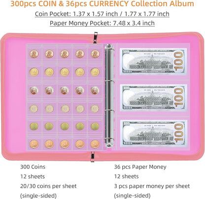 Coin Collection Book Holder for Collectors, 300 Pockets Fireproof Coins Collecting Album & 36 Sleeves Money Storage Case for Coin Currency Collection Supplies, Bill, Pennies, Quarters, Stamp,Pink