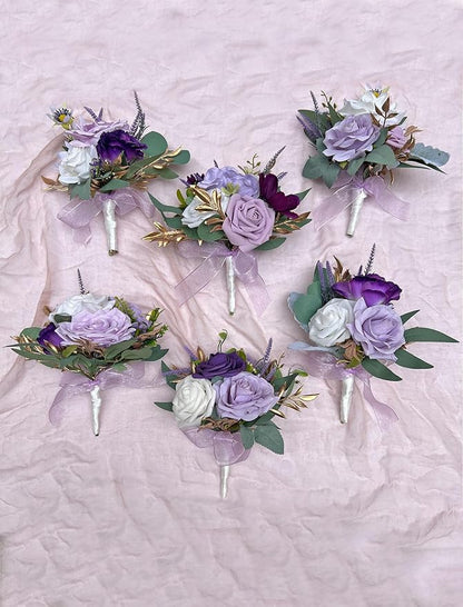 CherishedMoments Set of 6 Assorted Flower Centerpieces Mini Floral Wedding Flowers Set for Wedding Table Centerpieces Decoration, Purple Bouquets and Home Decor