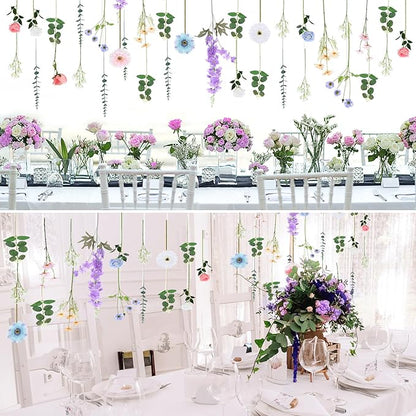 Hoteam 26 Pcs Pcs DIY Flower Garland Artificial Hanging Wildflower Backdrop Set Fake Rose Eucalyptus Daisy Poppy Wild Flower Decor for Wedding Party Birthday Home Garden (White,Blue,Pink)