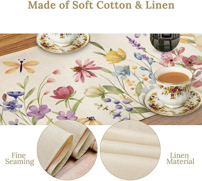 Watercolor Floral Table Runner, Colorful Spring Summer Nature Flower Dragonfly Pattern Print Table Runner for Kitchen Dinning Table Runner Decor Home Wedding Party Holiday, 13x36 Inch