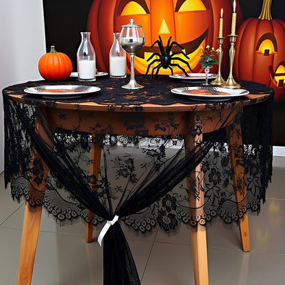 Black Tablecloth Halloween Lace Table Fabric 2pcs 60x120 Inch for Scary Movies Rustic Wedding Bridal Shower Party Decoration Rectangle Overlay Vintage Embroidered Reception Table Cloth Decor
