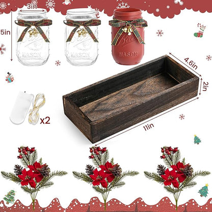 3 Pcs Mason Jar Centerpiece Decorations for Christmas Table Decor Farmhouse Coffee Table Decor Christmas Kitchen and Room Decor,Red
