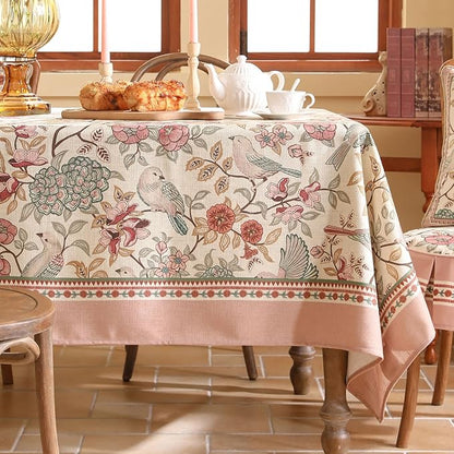 patdrea Designer Pink Linen Table Cloth for Rectangle Table,Vintage Floral with Birds Pattern Decorative Tablcloth,French Table Cover for Kitchen Dining,Thanksgiving,Christmas,63"x102"-Kulom a