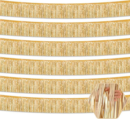 6 Pack 10 Feet Champagne Gold Foil Fringe Garland Metallic Tinsel Streamers Banner Wall Hanging Curtain Backdrop for Parade Floats, Birthday, Graduate, Mother's Day, Wedding Party Decoration
