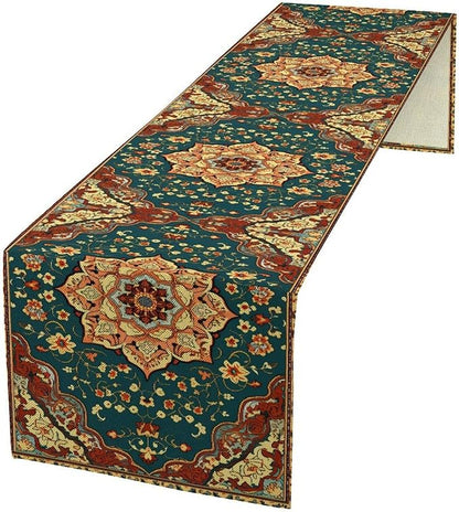 Boho Rich Table Runner, Vintage Blue Teal Gold Retro Flower Rustic Country Style Floral Print Pattern for Home Kitchen Table Decor Dining Coffee Room Garden Party Decor 13x72in