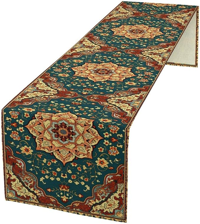 Boho Rich Table Runner, Vintage Blue Teal Gold Retro Flower Rustic Country Style Floral Print Pattern for Home Kitchen Table Decor Dining Coffee Room Garden Party Decor 13x36in