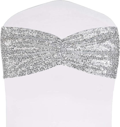 SquarePie Pack of 100 Chair Sashes Bows Sparkly Silver Sequin Chair Bands for Wedding Party Banquet Home Decor