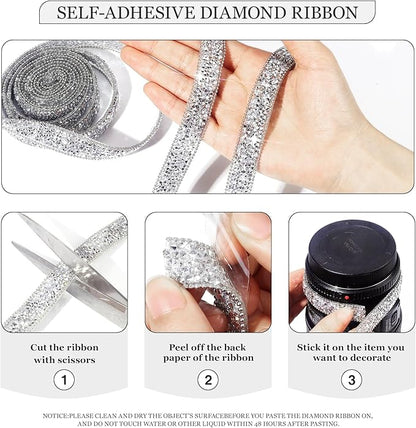 Rhinestone Ribbon 3 Yards Self Adhesive Rhinestone Strips Diamond Ribbon Sticker Crystal Roll Glitter Bling Rhinestones Tape for Crafting DIY Art Decoration (Silver,0.6 Inch)
