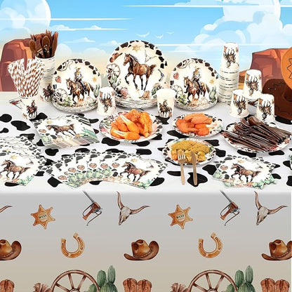452 Pcs Western Birthday Party Decorations for 50, Western Cowboy Paper Plates Cups Napkins Tablecloth Cutlery Straws Cowboy Tableware for Wild West Horse Rodeo Birthday Party Supplies