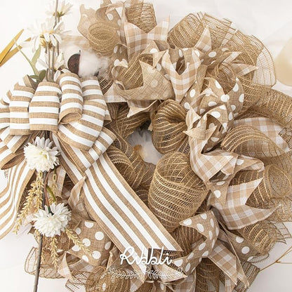 Ribbli 2 Rolls Burlap Mesh Ribbon,10 inch x 30 feet(10Yard) Each Roll,Natural with Jute,Use for Wreath Swags and Decorating
