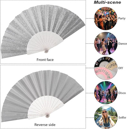 24 Pack Handheld Fan,Folding Hand Glitter fan with Shining Transparent Fan Rib – Ideal for Wedding, Church, Festival, Dance, Tea Party, Club, and EDM Accessories, Silvery