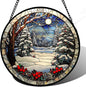 Stained Glass Window Hanging Christmas Tree Winter Snow Night Scenery Large 14.9" - Suncatcher Door Garden Kitchen Sun Catcher Home Decor Birthday for Mom Men Woman Friend