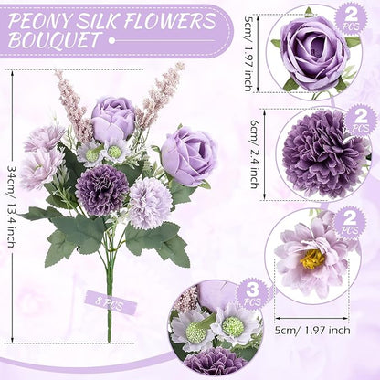 Zeyune 8 Pcs Wedding Silk Flowers Fake Silk Flowers Faux Bouquet Hydrangea Bouquets for Wedding Birthday Party Table Centerpieces Home Decoration (Purple,Rose)
