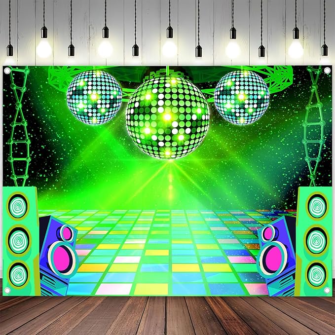 Dance Party Backdrop Retro 80s 90s Theme Stage Dance Ball Music Birthday Party Decoration DJ Photography Background 12 x 10 ft for Baby Shower Picture Photo Shoot Polyester Fabric, Green