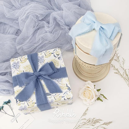 Ribbli 3 Rolls 1.5 Inch x 18Yards Light Blue Baby Blue Dusty Blue Handmade Cotton Frayed Fringe Ribbons for Gift Wrapping Wedding Invites Bridal Bouquets Baby Shower DIY Crafts Home Decor