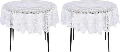 Juvale Round Lace Tablecloth - 59-Inch White Polyester - Scalloped Edge Circle Tablecloth with Floral Overlay & Vintage Decor for Wedding Receptions & Home (Pack of 2)