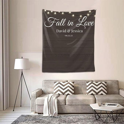 Wedding Backdrop for Reception, Custom Tapestry with Names & Date, Rustic Sign, Personalized Wood Photography Lights Banner Ceremony, Arch Decor One Size