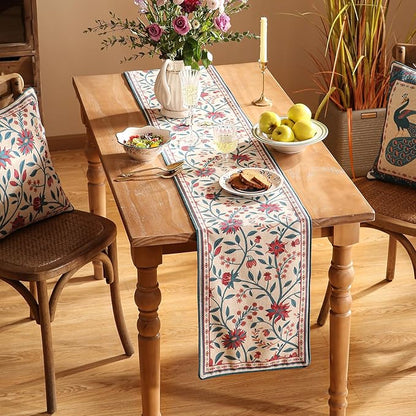 Farmhouse Berry Red Floral Table Runner for Coffee Table,Decorative Linen 87 Inches Long Table Runners,Decor Tabletop for Kitchen,Dining,Party,Home,Christmas,12"*87"