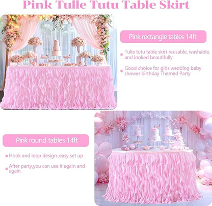 PARTISKY Pink Tulle Curly Willow Table Skirt for Rectangle Table 14ft, Ruffle Tutu Table Cloth for Girls Baby Shower,Birthday Party Candy Cake Tables