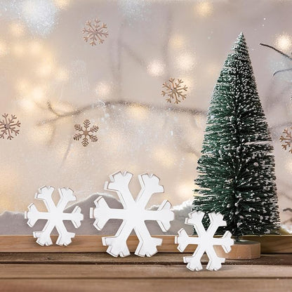 6Pcs Snowflake Decorations Christmas Decor White Winter Wooden Snowflakes Standing Christmas Tiered Tray Decor Table Signs Winter Wonderland Decorations for Indoor Home Xmas Shelf Fireplace Mantel