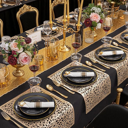 KIRE 175Pcs Black Plates Disposable - Heavy Duty Black and Gold Plastic Plates- 25 for Dinner 25 for Dessert 25 Pre Rolled Gold Silverware and 25 Cups for Birthday Party/Halloween/New Year
