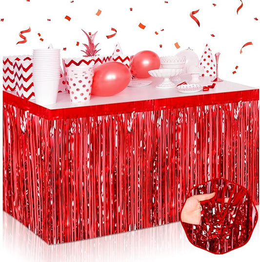 3 Pack 29 x108 Inch Red Foil Fringe Table Skirts Metallic Banner for Tinsel Streamer Garland Backdrop for Parade Floats Wedding Thanksgiving Birthday Christmas Halloween New Year Party Decoration