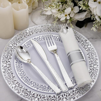 Supernal 60 Pack Pre-Rolled Silver Plastic Cutlery Heavy Duty Wrapped Silverware Disposable Premium Silver Plastic Silverware Forks and Spoons for Halloween Thanksgiving Christmas