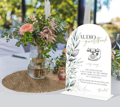 Acrylic Wedding Signs, Greenery Theme Audio Guestbook Sign, Wedding Reception Signage, Bridal Shower Table Decor with Stand, Engagement, Anniversary, Newlywed Events and Parties Supplies, 16