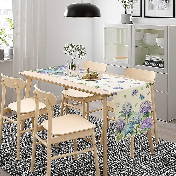 Spring Hydrangea Flower Table Runner, Seasonal Summer Plants Watercolor Florals Butterfly Dinner Runner for Home Kitchen Dining Table Party Holiday Decoration 13"x70"