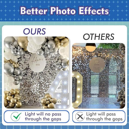 Qcity Iridescent Silver Shimmer Wall Backdrop 36PCS, Black Back Not See-Through Design, Square Sequin Glitter Backdrop Panel, Perfect for Outdoor Events, Birthdays, Wedding and Party Decoration