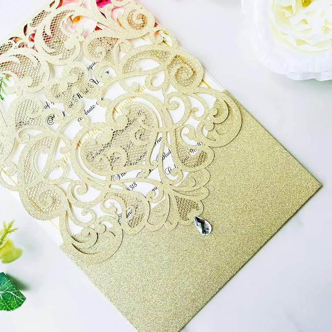 Hosmsua 50PCS Champagne Gold Wedding Invitations Kit 5 x 7.3 Inch Laser Cut Hollow Rose Rhinestone Pocket with Envelope for Wedding Bridal Shower Invite (Champagne Gold Glitter)
