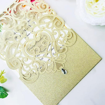 Hosmsua 50PCS Champagne Gold Wedding Invitations Kit 5 x 7.3 Inch Laser Cut Hollow Rose Rhinestone Pocket with Envelope for Wedding Bridal Shower Invite (Champagne Gold Glitter)