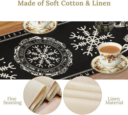 Ancient Abstract Pattern Table Runner, Tree of Life Eagle Dragon Boat Rudder Black and White Table Runner 13x60 Inch