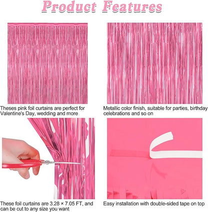 12 Pack Pink Backdrop, 3.28 FT x 7.05 FT Foil Fringe Curtains, Metallic Pink Tinsel Curtain Party Streamer Birthday Backdrop for Girl, Brithday Decorations Bachelorette Party Supplies