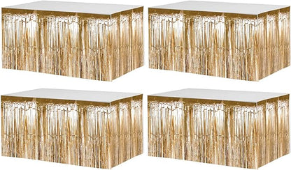 4 Pack 29x108 Inch Metallic Foil Fringe Tinsel Table Skirts for Rectangle Tables Streamer Curtains Backdrop for Christmas, Birthday, Parade Floats, Halloween Party Supplies(Champagne Gold)