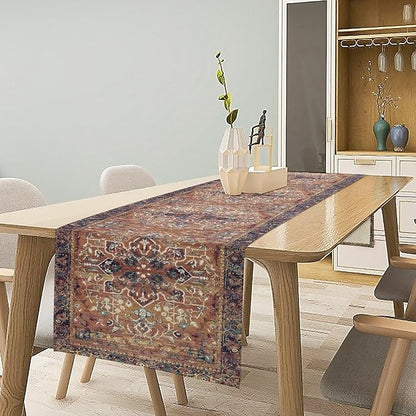 Boho Floral Vintage Table Runner, Purple Brown Retro Flower Rustic Country Farmhouse Abstract Pattern for Home Kitchen Table Decor Dining Coffee Room Party Decor 13x60in