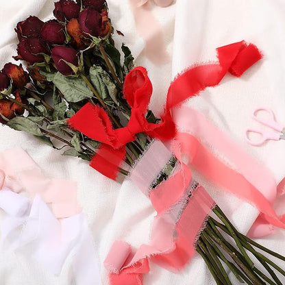 6 Rolls Handmade Fringe Chiffon Silk Ribbon 1.5" x 3 Yd Colorful Ribbon for Wedding Invitations, Bridal Bouquets, Gifts Wrapping, DIY Crafts (Pink Red Set)