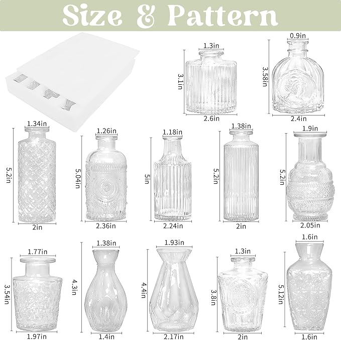 Set of 12 Glass Bud Vases-Small Vases for Flowers-Mini Bud Vases in Bulk -Vintage Vases Centerpieces for Tables Wedding and Home Decor(12pcs/Clear)