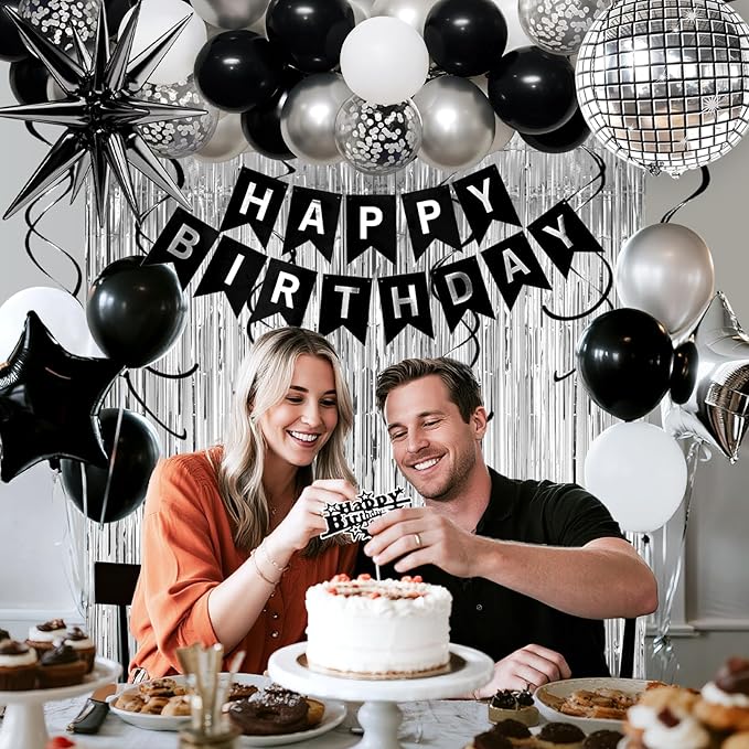 17th Birthday Decorations for Boys Girls, Black Silver Happy Birthday Party Decorations， 17 Year Old Party Supplies with Number 17 Balloons, Banner, Fringe Curtains Kit