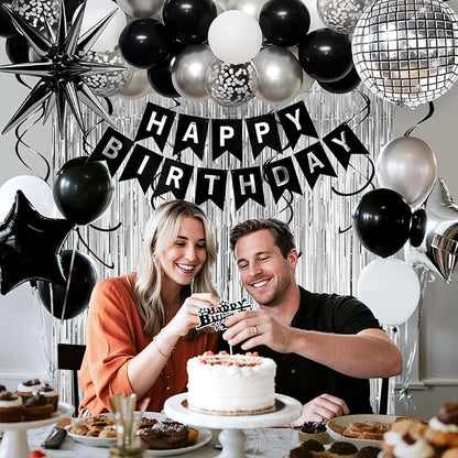 30th Birthday Decorations for Men Women, Black Silver Happy Birthday Party Decorations， 30 Year Old Party Supplies with Number 30 Balloons, Banner, Fringe Curtains Kit