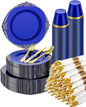 Goodluck 350 Piece Clear Blue Plastic Dinnerware Set for 50 Guests, Fancy Disposable Plates, Include: 100 Blue Rim Plastic Plates, 150 Silverwares, 50 Pre Rolled Napkins, 50 Cups for Party, Wedding