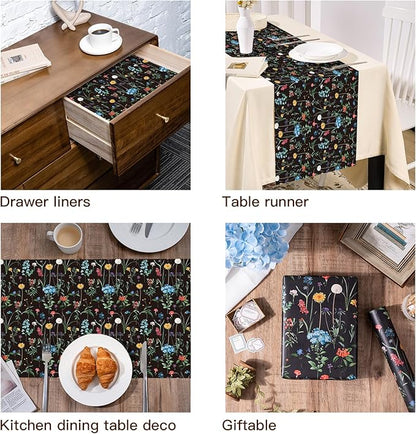WRAPAHOLIC Kraft Wildflower Wrapping Paper - Mini Roll - 17 Inch x 16.5 Feet - Black Floral Wrapping Paper for Wedding, Birthday, Wedding, Bridal Shower, Drawer Liners, Tea Party