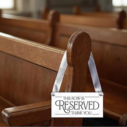 4 pcs Reserved Row Signs for Wedding, Acrylic Reserved Signs for Wedding Decor, 7.75x3.75 Reserve Seating Sign, Hanging Reserve Table Sign for Chairs Pews & Family, Includes Ribbon, Made in USA