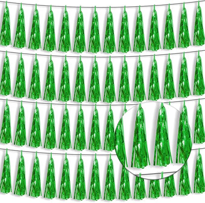 4P Green Foil Fringe Tassel Banner Garland Metallic Tinsel Streamers Wall Hanging Curtain Backdrop Banner for Parade Floats, 2024 Graduation Decorations, Father's Day Party Decoration