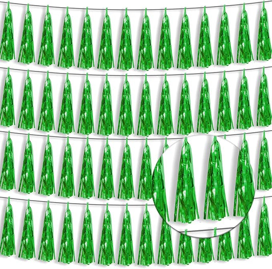 4P Green Foil Fringe Tassel Banner Garland Metallic Tinsel Streamers Wall Hanging Curtain Backdrop Banner for Parade Floats, 2024 Graduation Decorations, Father's Day Party Decoration