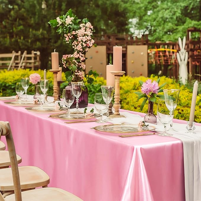TURSTIN 1 Pack Pink Satin Tablecloth 102 x 58 Inch Overlay Satin Table Cover Rectangle Bright Silk Tablecloth Smooth Fabric Table Decoration for Wedding Banquet Party Events