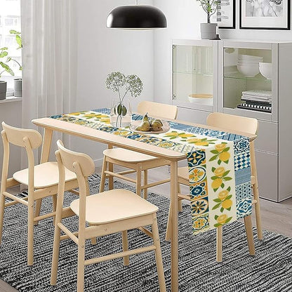 Lemon Table Runner,Watercolor Blue Fruits Green Leaves Print Table Cloth Kitchen Dining Table Home Party Decoration 13x72 Inch